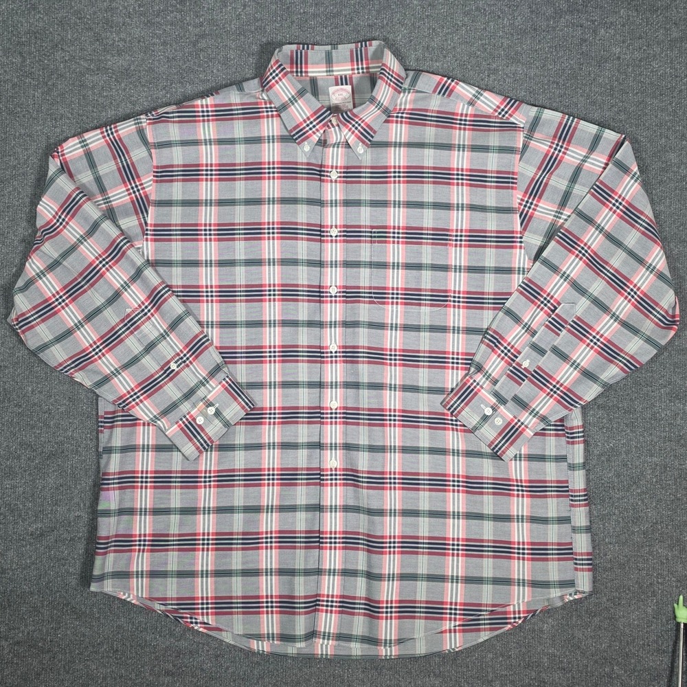 Brooks Brothers XXL Non-Iron Supima Cotton Plaid Button Down Shirt Grey Red